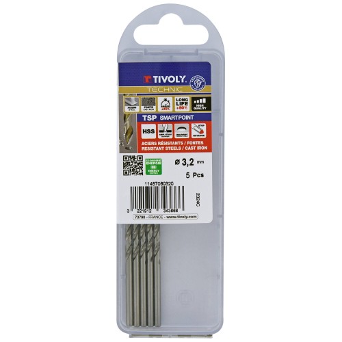 Ø: 3.2 / L: 65 / Broca para metal HSS PUNTA ESCALONADA | DIN338 | h8 | Afilado Tivoly Smart Point (Caja colgante)