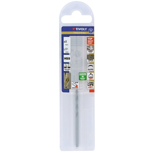 Ø: 3 / L: 61 / Broca para metal HSS PUNTA ESCALONADA | DIN338 |h8 | Afilado Tivoly Smart Point (Funda plástico)