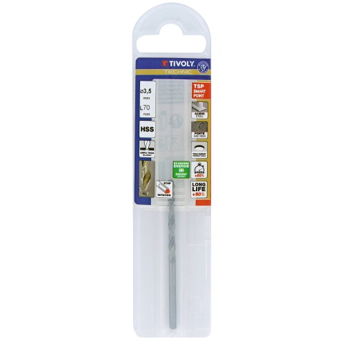 Ø: 3.5 / L: 70 / Broca para metal HSS PUNTA ESCALONADA | DIN338 |h8 | Afilado Tivoly Smart Point (Funda plástico)