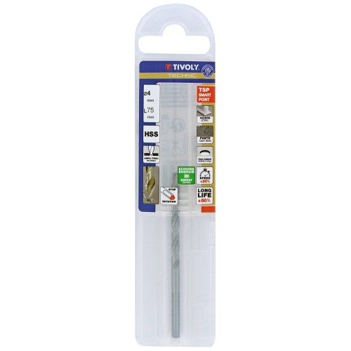 Ø: 4 / L: 75 / Broca para metal HSS PUNTA ESCALONADA | DIN338 |h8 | Afilado Tivoly Smart Point (Funda plástico)