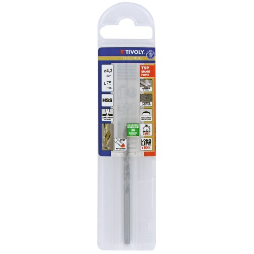 Ø: 4.2 / L: 75 / Broca para metal HSS PUNTA ESCALONADA | DIN338 |h8 | Afilado Tivoly Smart Point (Funda plástico)