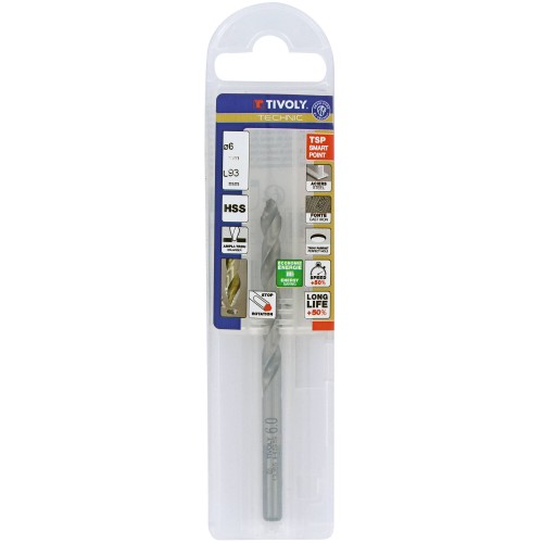 Ø: 6 / L: 93 / Broca para metal HSS PUNTA ESCALONADA | DIN338 |h8 | Afilado Tivoly Smart Point (Funda plástico)