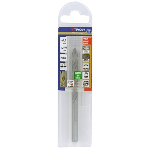 Ø: 6.5 / L: 101 / Broca para metal HSS PUNTA ESCALONADA | DIN338 |h8 | Afilado Tivoly Smart Point (Funda plástico)
