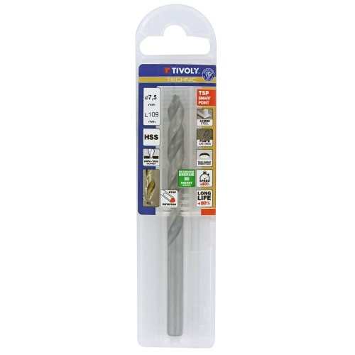 Ø: 7.5 / L: 109 / Broca para metal HSS PUNTA ESCALONADA | DIN338 |h8 | Afilado Tivoly Smart Point (Funda plástico)
