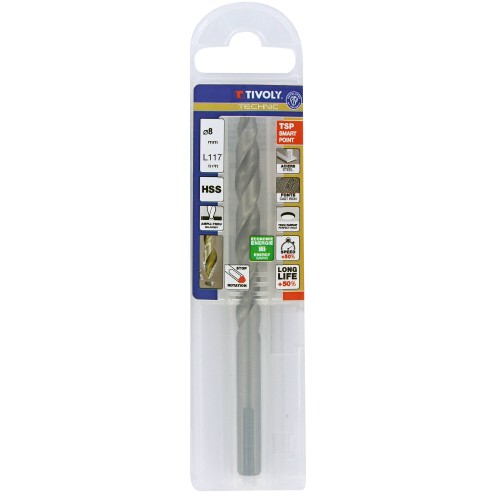 Ø: 8 / L: 117 / Broca para metal HSS PUNTA ESCALONADA | DIN338 |h8 | Afilado Tivoly Smart Point (Funda plástico)