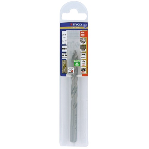 Ø: 8.5 / L: 117 / Broca para metal HSS PUNTA ESCALONADA | DIN338 |h8 | Afilado Tivoly Smart Point (Funda plástico)
