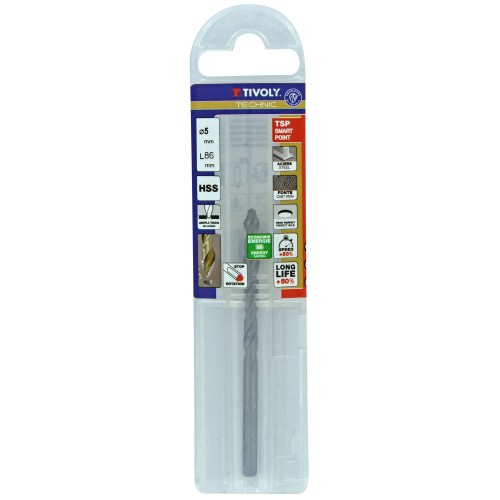 Ø: 5 / L: 86 / Broca para metal HSS PUNTA ESCALONADA | DIN338 |h8 | Afilado Tivoly Smart Point (Funda plástico)