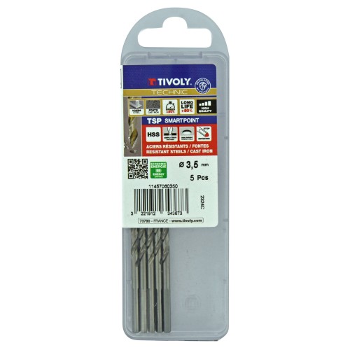 Ø: 3.5 / L: 70 / Broca para metal HSS PUNTA ESCALONADA | DIN338 | h8 | Afilado Tivoly Smart Point (Caja colgante)