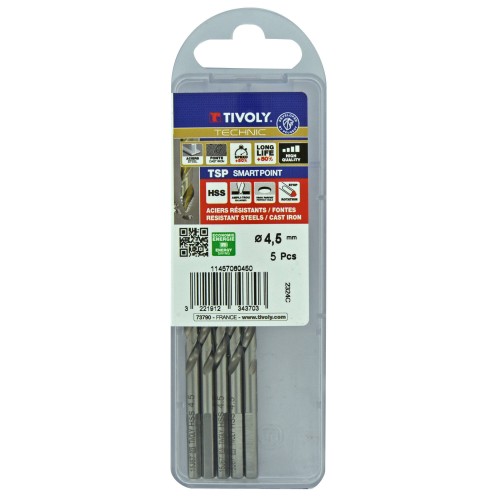 Ø: 4.5 / L: 80 / Broca para metal HSS PUNTA ESCALONADA | DIN338 | h8 | Afilado Tivoly Smart Point (Caja colgante)