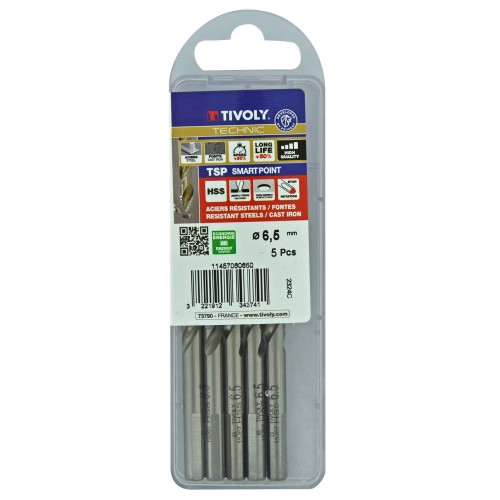 Ø: 6.5 / L: 101 / Broca para metal HSS PUNTA ESCALONADA | DIN338 | h8 | Afilado Tivoly Smart Point (Caja colgante)