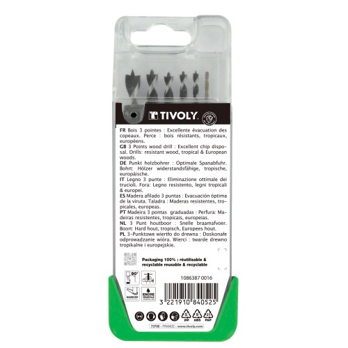 6 brocas para madera 3 puntas graduadas SLR Ø 2 a 8 mm