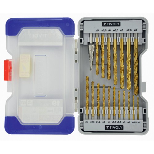 19 piezas -18 brocas para metal laminadas con recubrimiento TiN Ø 2 a 8 mm + 1 broca escalonada