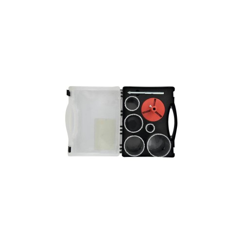 Maletín de 7 piezas - 5 sierras corona de carburo HM Ø 33 a 83 mm + 1 husilo + 1 base