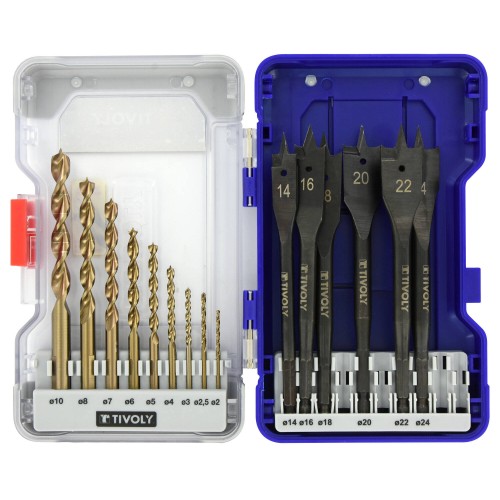 15 piezas -9 brocas de madera HSS speed point Ø 2 a 10 mm + 6 brocas de madera planas Ø 14 a 24 mm