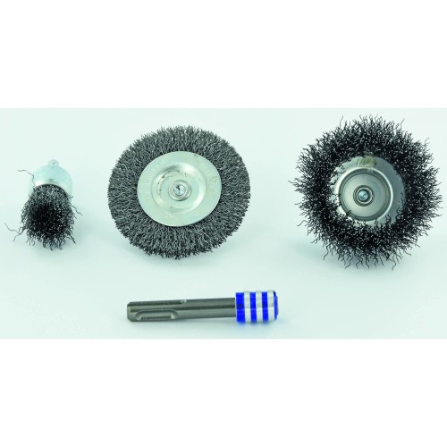 4 piezas: 3 cepillos metálicos + 1 adaptador SDS+