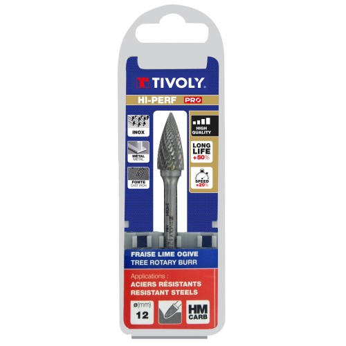 Fresa rotativa metal duro. Punta Ojiva Dentado normal. Forma D (Caja colgante) # / Ø: 12 / d2: 6 / L: 70