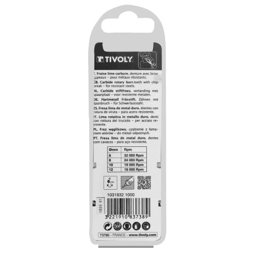 Fresa rotativa metal duro. Punta Ojiva con radio. Dentado normal. Forma D (Caja colgante) # / Ø: 10 / d2: 6 / L: 65