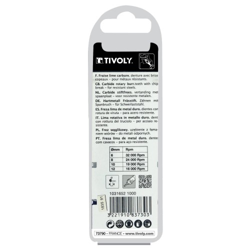 Fresa rotativa metal duro Cilíndrica con radio. Dentado normal. Forma D (Caja colgante) # / Ø: 10 / d2: 6 / L: 65