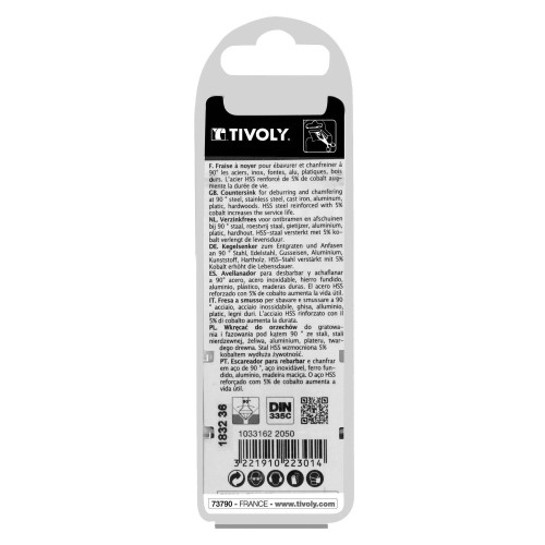 Avellanador HSSE5% cobalto DIN 335C a 90º Mango cilíndrico (Caja colgante) / Ø: 20.5 / L: 63