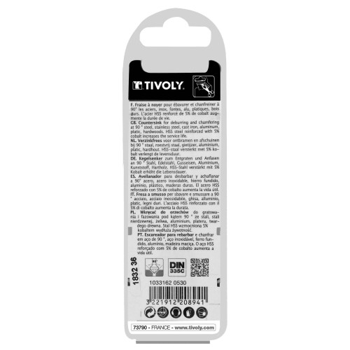 Avellanador HSSE5% cobalto DIN 335C a 90º Mango cilíndrico (Caja colgante) / Ø: 5.3 / L: 40