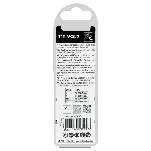 Fresa rotativa metal duro Cilíndrica con radio. Dentado normal. Forma D (Caja colgante) # / Ø: 8 / d2: 6 / L: 65