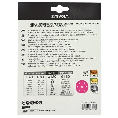 Disco -AUTOADHESIVO -Ø150 mm - Perforación 6 orificios -Para lijadora excéntrica (Funda cartón) / Dim Ø150 / Gr : 120