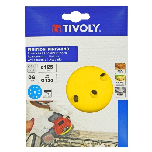 Disco AUTOADHESIVO -Ø125 mm - Perforación 8 orificios -Para lijadora excéntrica (Funda cartón) / Dim Ø125 / Gr : 80