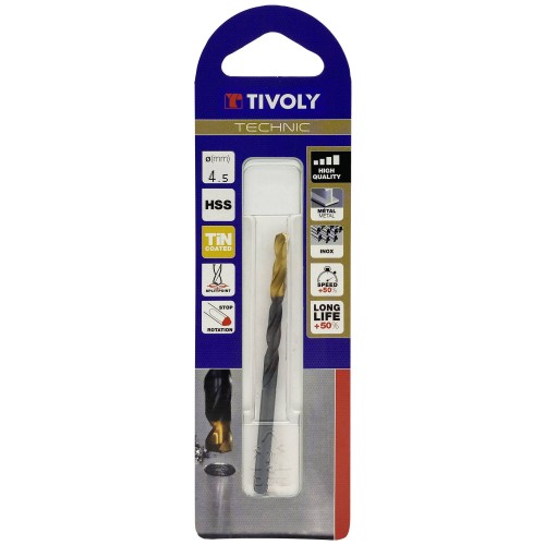 Ø: 4.5 / L: 80 / Broca para metal HSS -Recubrimiento de la punta con TiN -Afilado SPLIT POINT -Mango de 3 caras (Blíster)