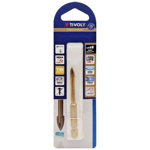 Ø: 6 / Broca para vidrio 4 cortes -Recubrimiento TiN -Mango hexagonal (Blíster) / L: 65