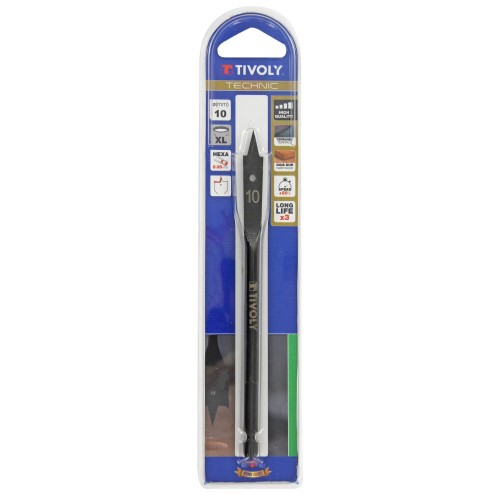 Ø: 10 / Broca plana para madera -Mango hexagonal -Cuerpo reforzado (Blíster) / L: 152