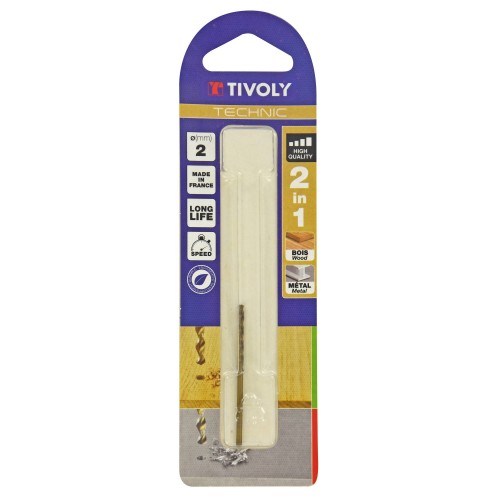 Ø: 2 / Broca 2 en 1 HSS para madera y metal -Punta en cruz -Ranuras de gran desalojo (Blíster) / L: 49