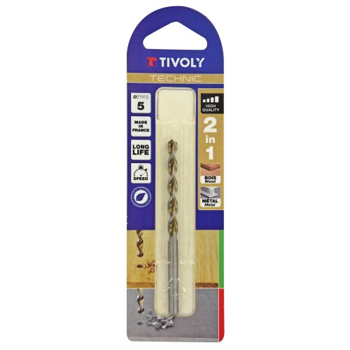 Ø: 5 / Broca 2 en 1 HSS para madera y metal -Punta en cruz -Ranuras de gran desalojo (Blíster) / L: 86