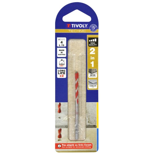 Ø: 4 / Broca 2 en 1 hormigón y azulejos -Placa de Metal Duro afilada -Doble acanalado (Blíster) / L: 75
