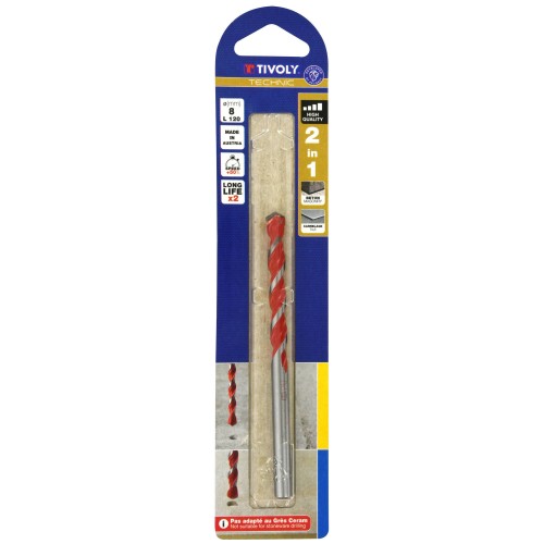 Ø: 8 / Broca 2 en 1 hormigón y azulejos -Placa de Metal Duro afilada -Doble acanalado (Blíster) / L: 120