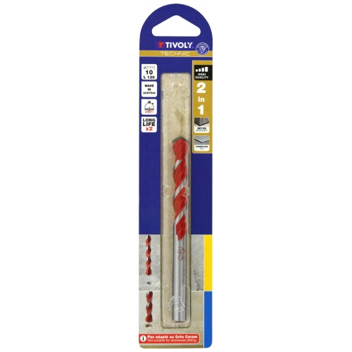 Ø: 10 / Broca 2 en 1 hormigón y azulejos -Placa de Metal Duro afilada -Doble acanalado (Blíster) / L: 120