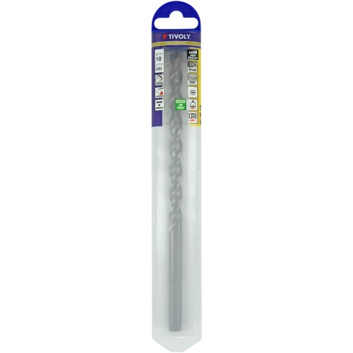 Ø: 10 / Broca para hormigón L. 200 mm -Placa de Metal Duro con punta de centrado -Mango cilíndrico de 3 caras planas (Blíster) / L: 200