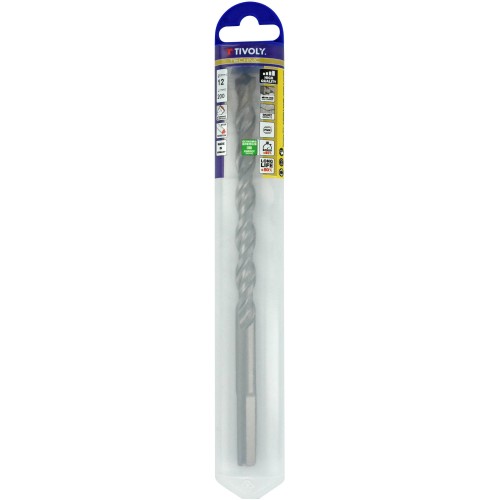 Ø: 12 / Broca para hormigón L. 200 mm -Placa de Metal Duro con punta de centrado -Mango cilíndrico de 3 caras planas (Blíster) / L: 200