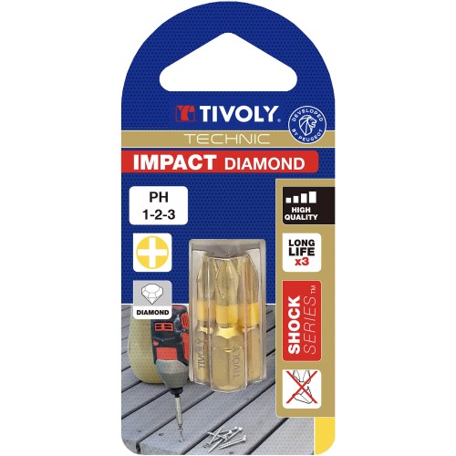 Punta de atornillar -Torsión diamante IMPACTO -Para tornillo Phillips (Blíster) N°: N1-2-3 / L: 25