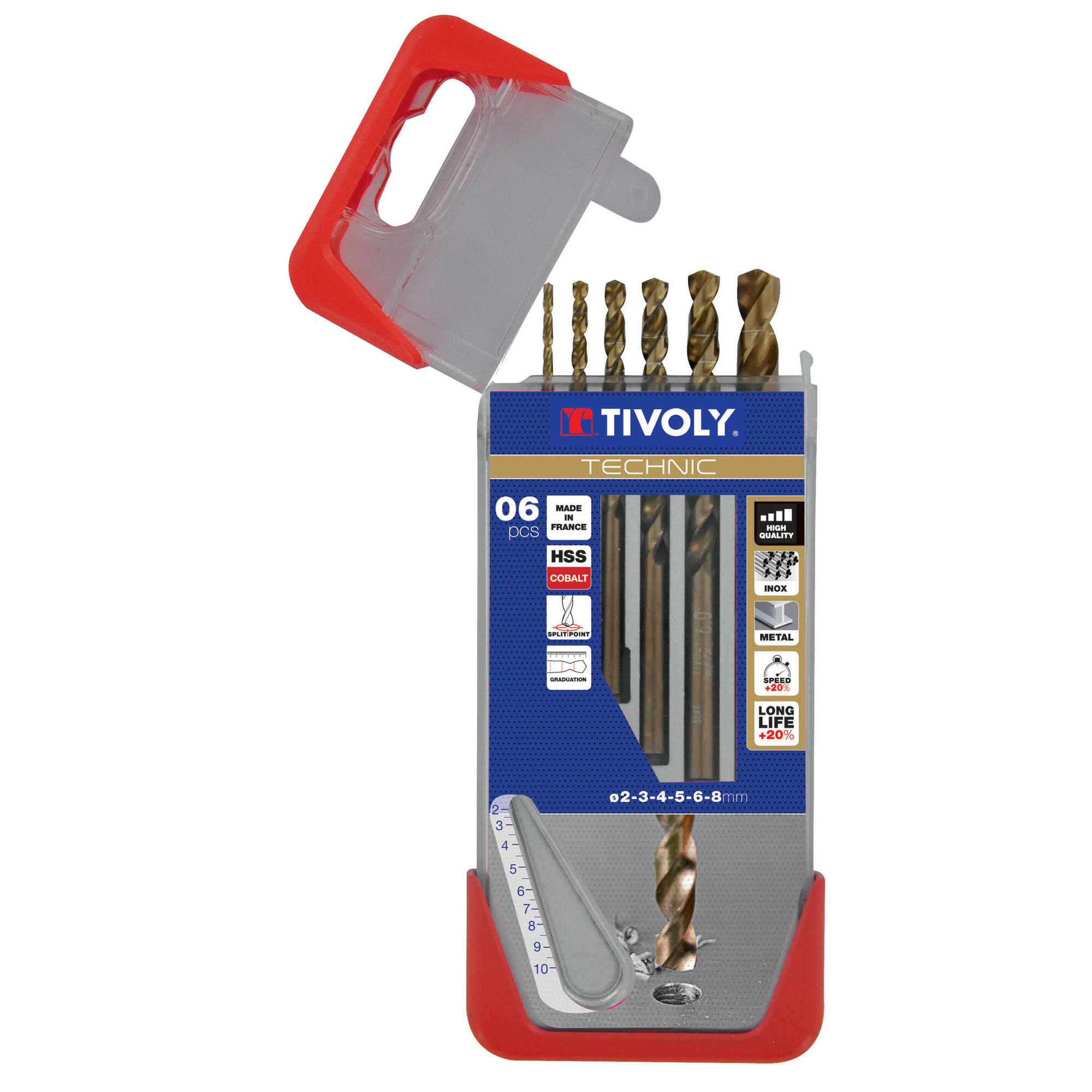 11468570002 - 6 brocas para metal HSS-E5 (cobalto 5 %) graduadas SLR punta en cruz Ø 1 a 8 mm