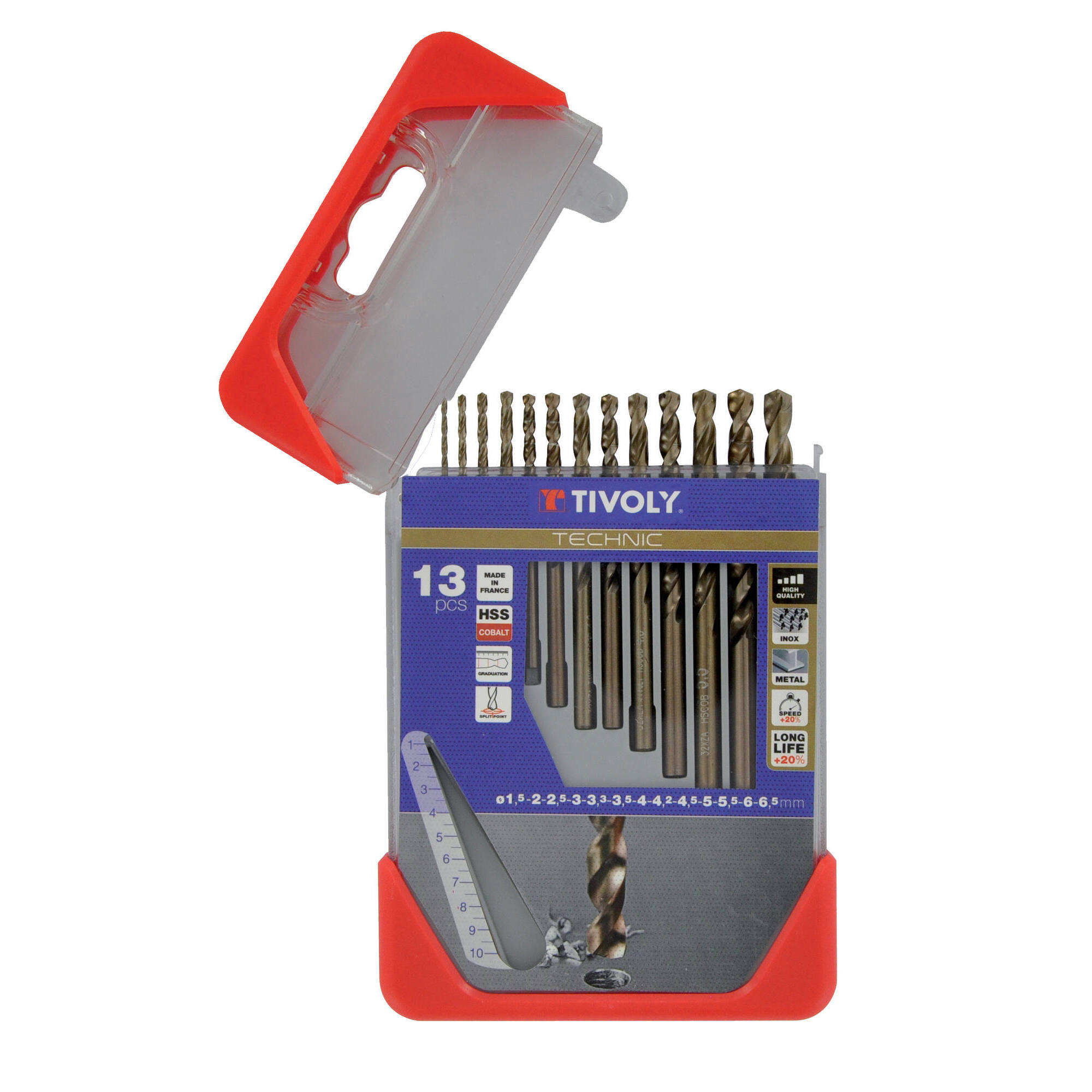 11468570006 - 13 brocas para metal HSS-E5 (cobalto 5 %) graduadas SLR punta en cruz Ø 1,5 a 6,5 mm