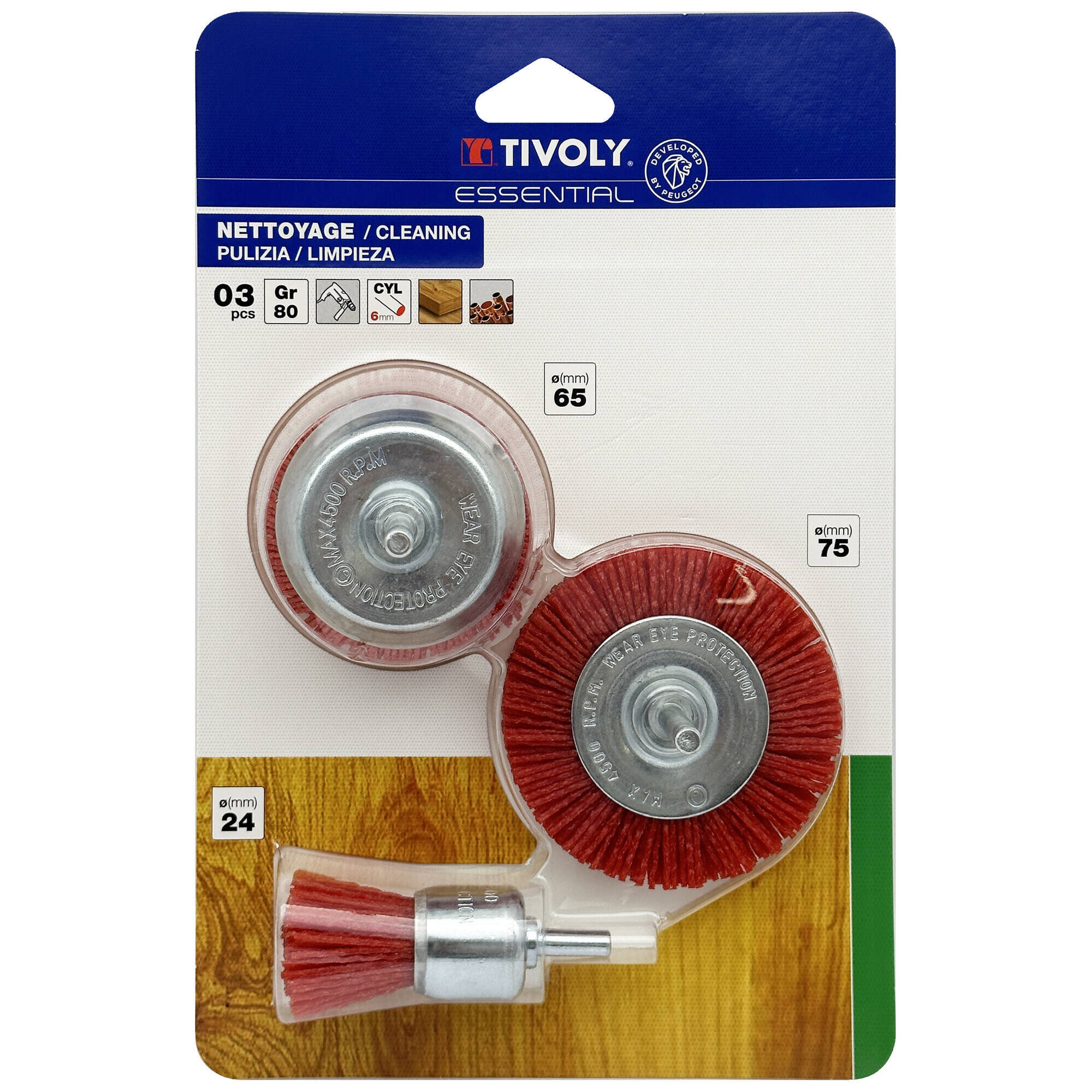 XT20252580207 - 3 piezas: cepillos de nailon para madera Ø 24 - 65 - 75 mm