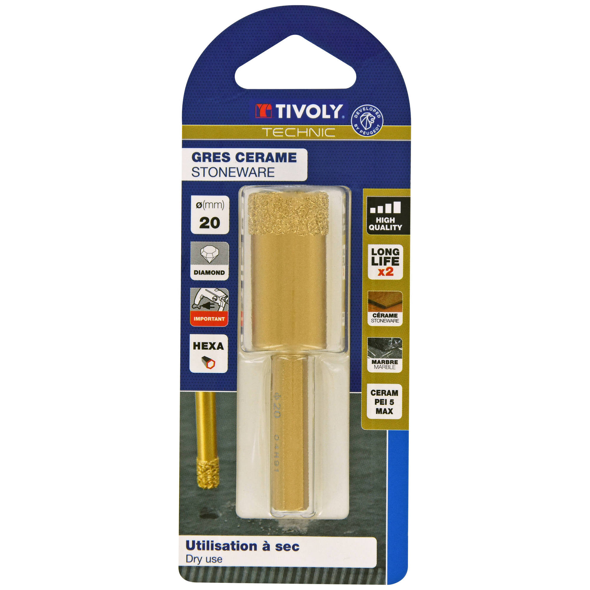 Ø: 20 / Sierra corona diamante corte en seco (Estuche blíster) / H: 43