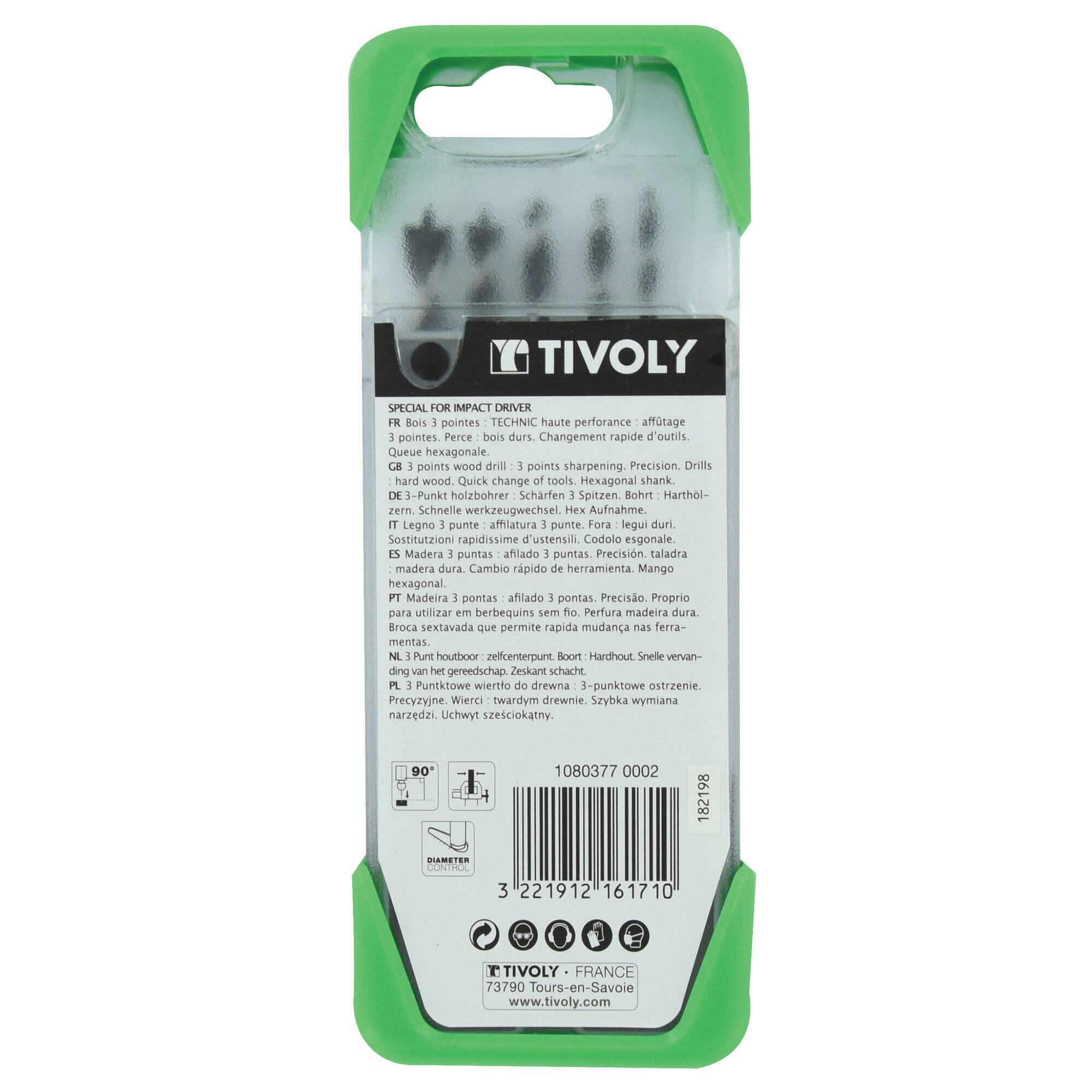 5 brocas para madera 3 puntas mango hexagonal shock serie Ø 3 a 8 mm