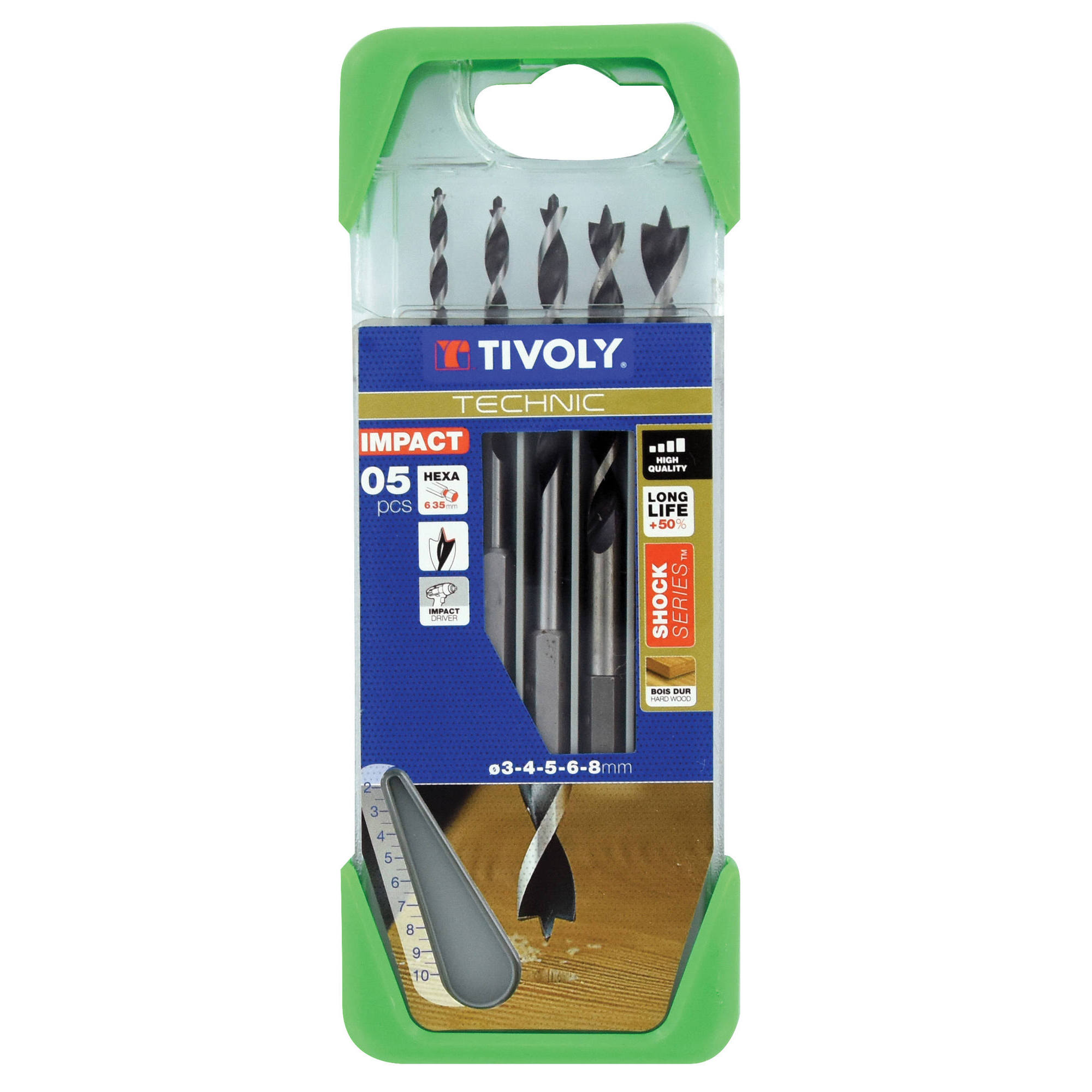 5 brocas para madera 3 puntas mango hexagonal shock serie Ø 3 a 8 mm