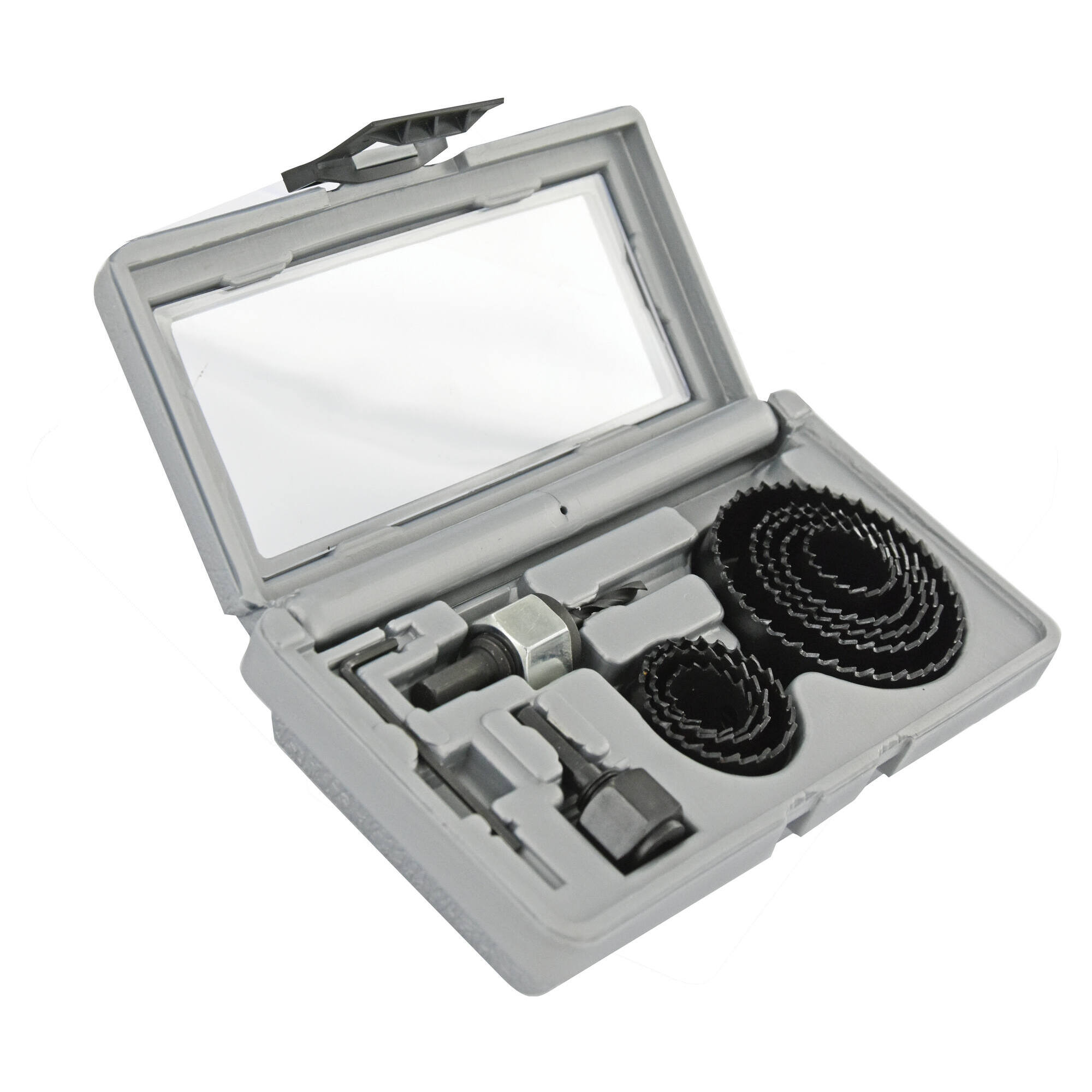 Maletín de 11 piezas - 8 sierras de corona HCS Ø 22 a 68 mm + 2 ejes + 1 llave