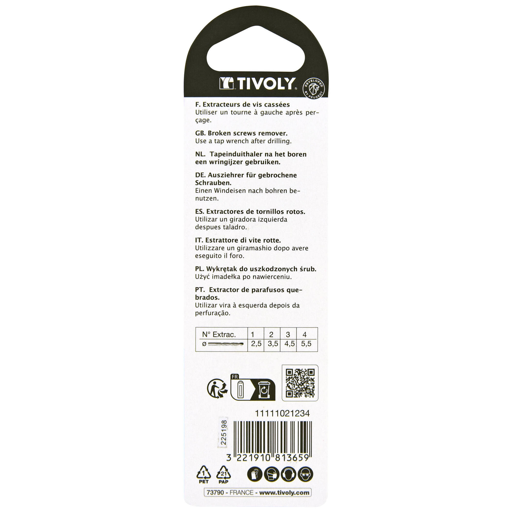 4 piezas - Extractores de tornillos Ø 2,5 a 5,5 mm