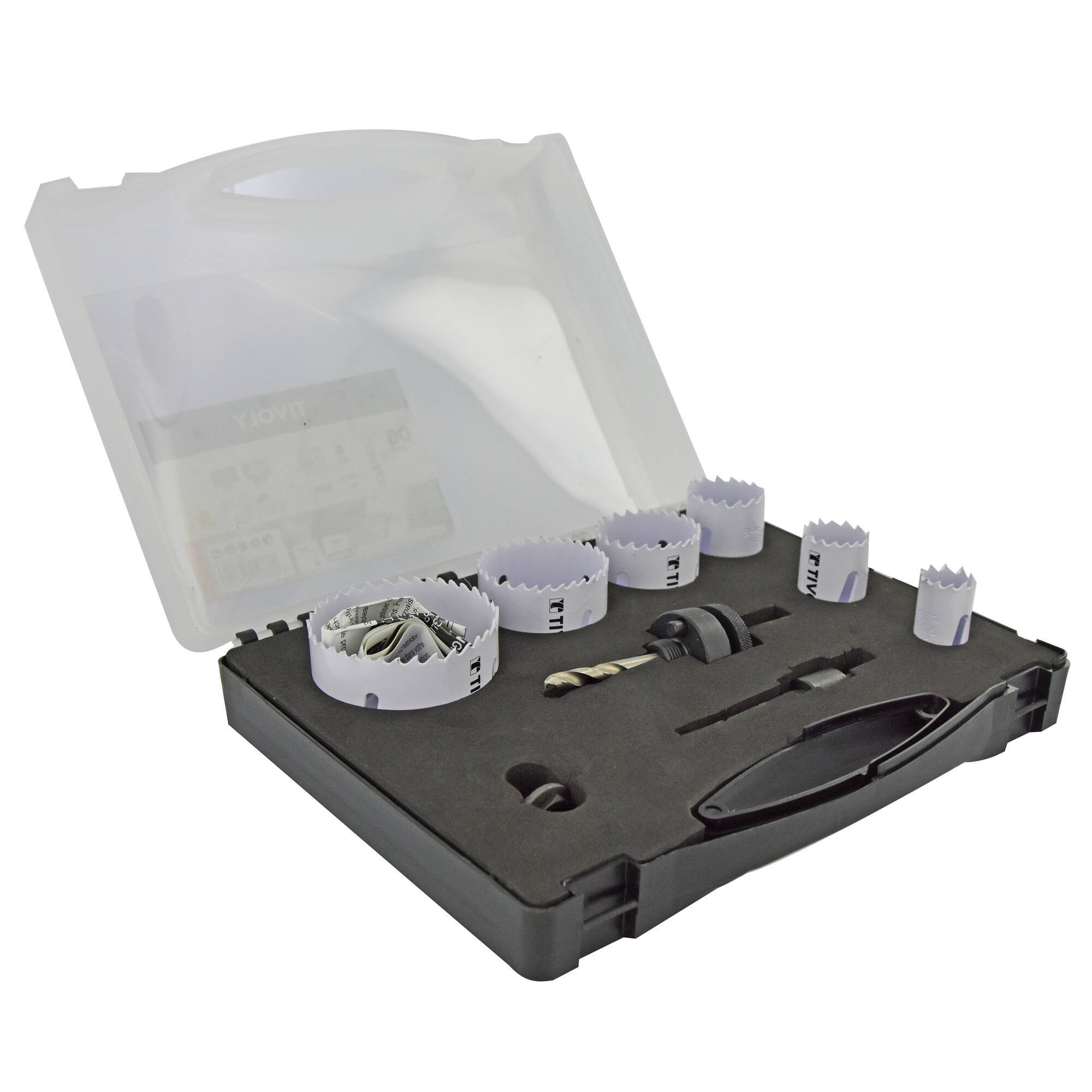 Maletín de 9 piezas - 6 sierras corona bimetal HSS Ø 22 a 68 mm + 2 husillos + 1 adaptador