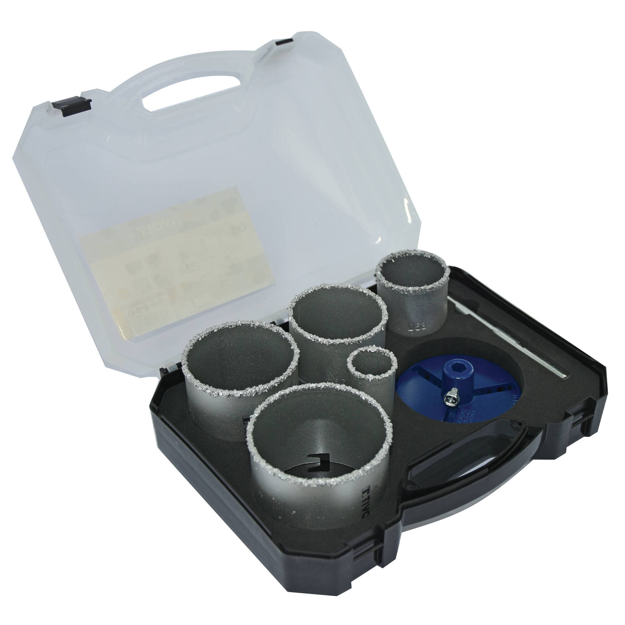 Maletín de 7 piezas - 5 sierras corona de carburo HM Ø 33 a 83 mm + 1 husilo + 1 base