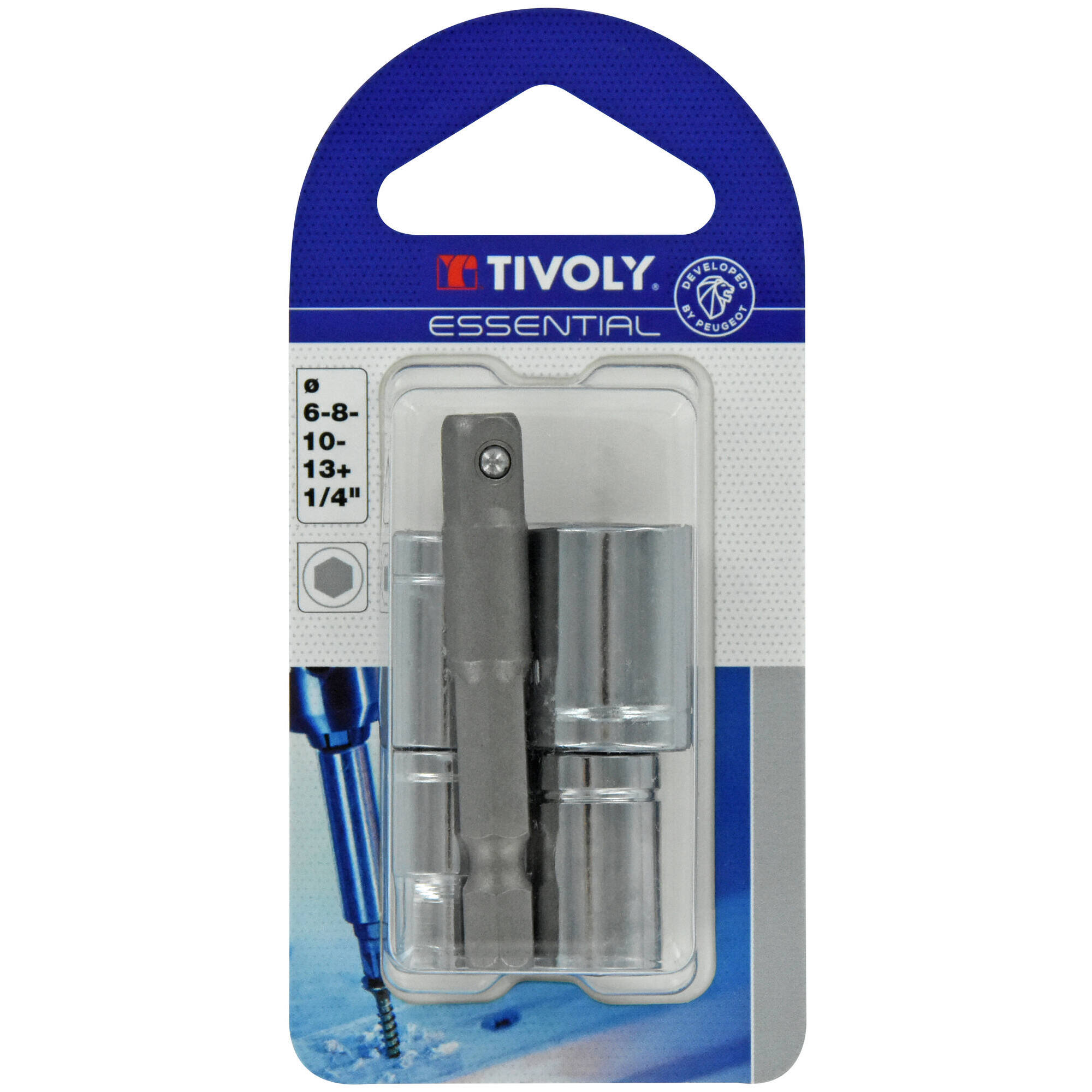 5 piezas -4 llaves de vaso Ø 6 a 13 mm + 1 porta- vasos hexagonal 6,35 mm > 1/4"