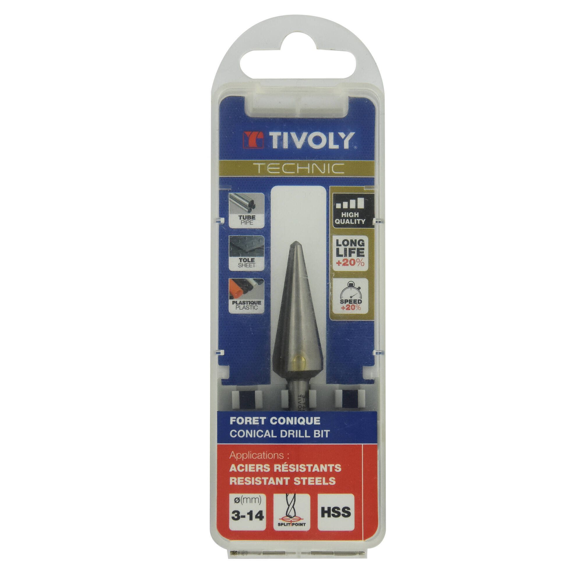 Broca CÓNICA LISA HSS | Norma Tivoly | Afilado SPLIT POINT (Caja colgante) / ØMin/Max : 3/14